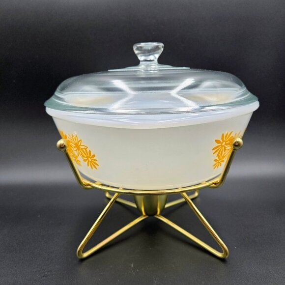 Vintage Glasbake Ovenware Yellow Daisy Casserole 514 Lid Brass Warming Stand Lid - Picture 4 of 16